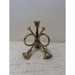 Vintage Brass Triple Horn Taper Candle Holder Holiday Christmas Decor